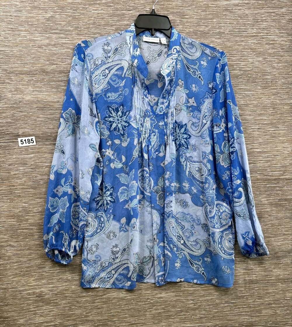 Susan Graver Tunic Pleat Crinkled Sheer Poly Paisley Womens Size XL Blue A81796
